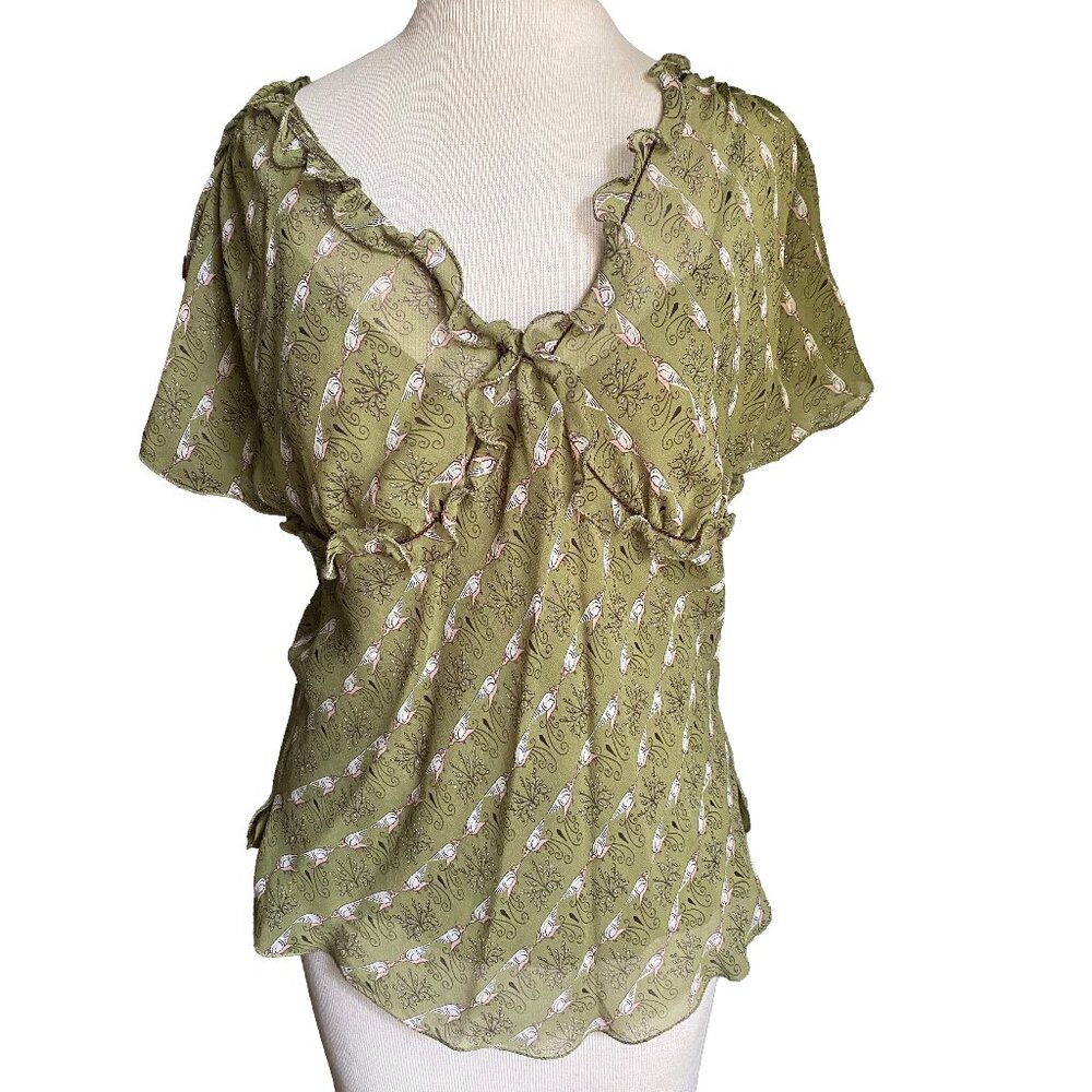 MAX STUDIO 100% Silk Fairycore Blouse with Ruffles and Flutter Sleeves Green S